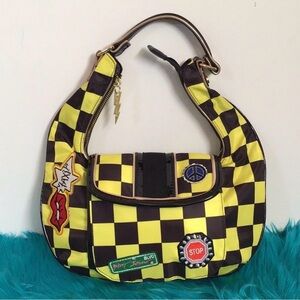 Betsey Johnson Yellow and Black Checkerboard Shoulder Bag with Patch Accents